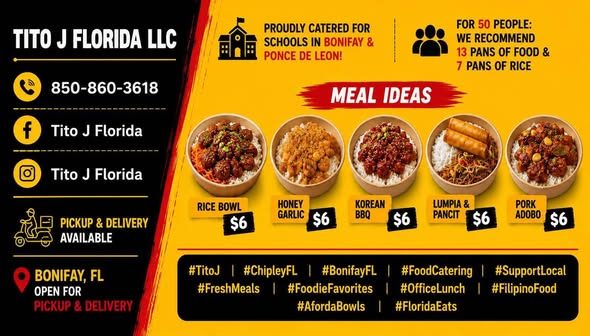 Tito J Florida meal ideas: rice bowl, honey garlic, Korean BBQ, lumpia and pancit, pork adobo, each $6.00