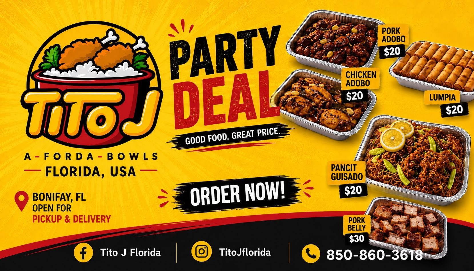 Tito J Florida party deal: pork adobo, chicken adobo, lumpia and pancit guisado trays at $20.00, pork belly $30.00