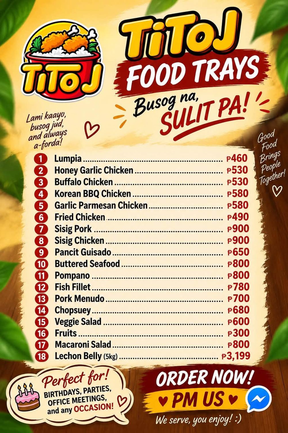 Tito J Food Trays price list with 18 dishes from lumpia to lechon belly