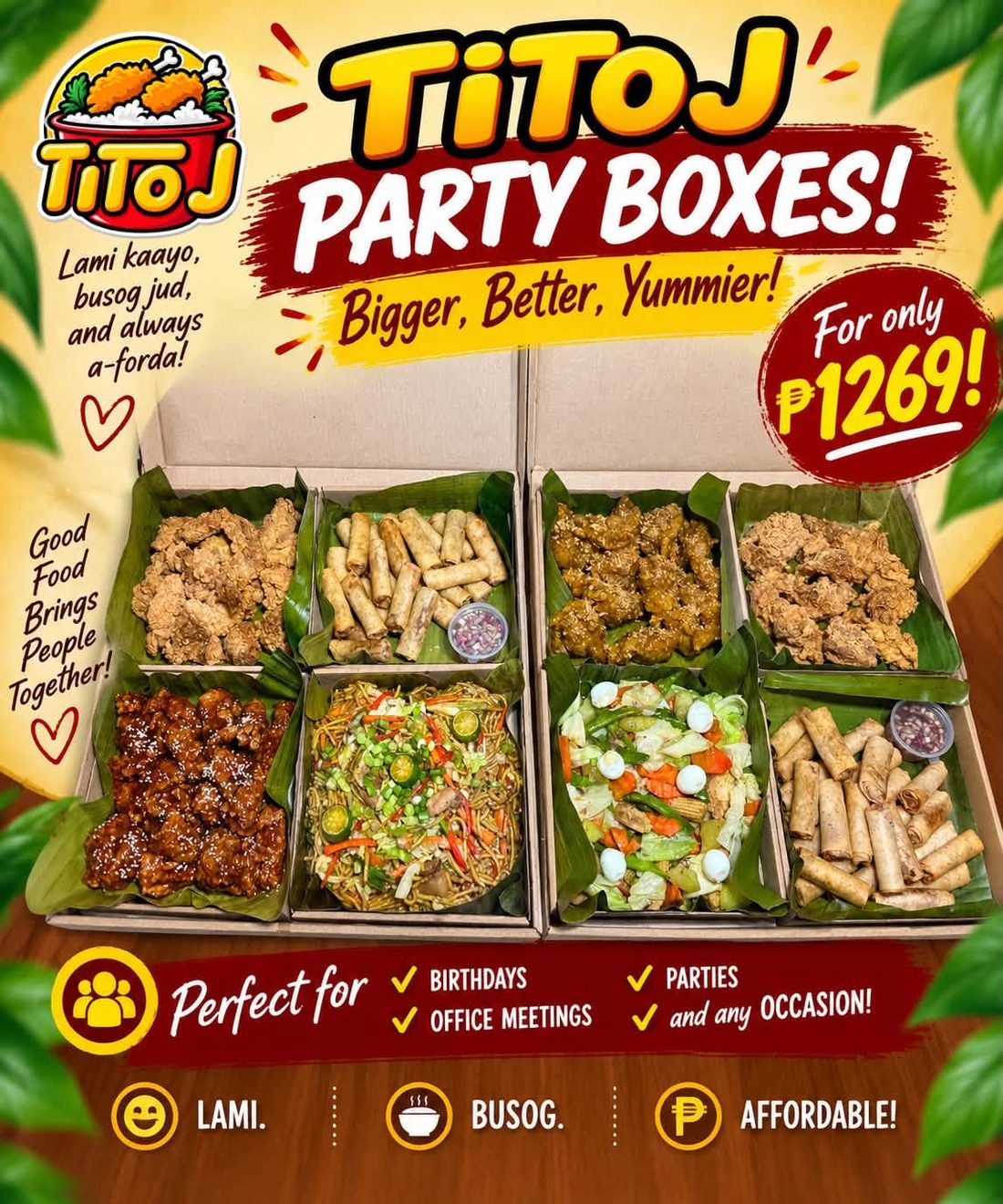 Tito J Party Boxes: eight compartments with fried chicken, lumpia, glazed chicken, pancit and chopsuey