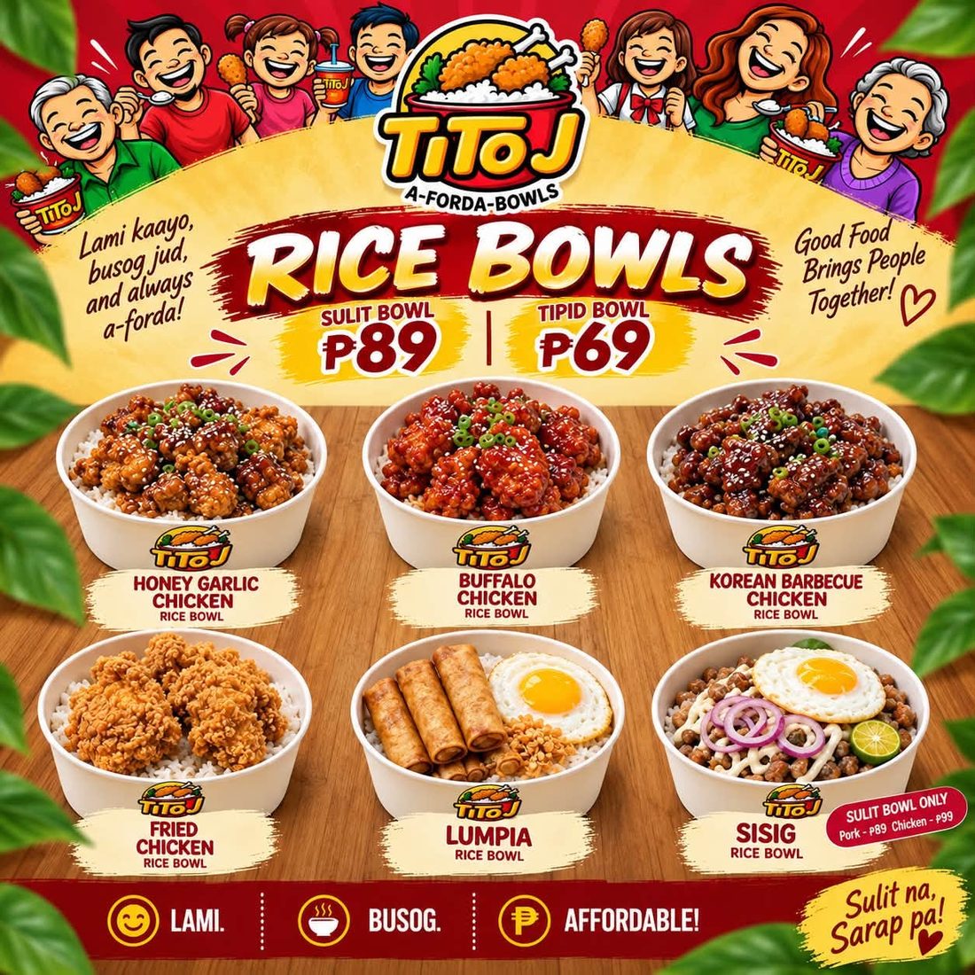 Rice Bowls menu poster: honey garlic, buffalo, Korean barbecue, fried chicken, lumpia and sisig rice bowls
